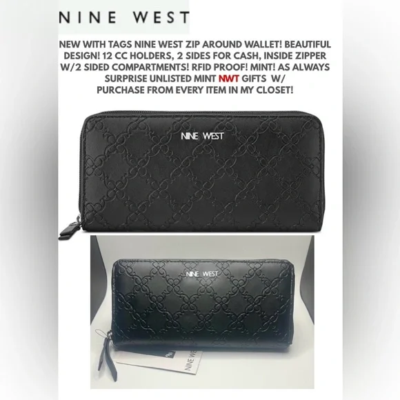 NWT NINE WEST ZIP AROUND WALLET! RDIF PROOF! GORGEOUS EMBOSSED PATTERN! - Picture 1 of 2